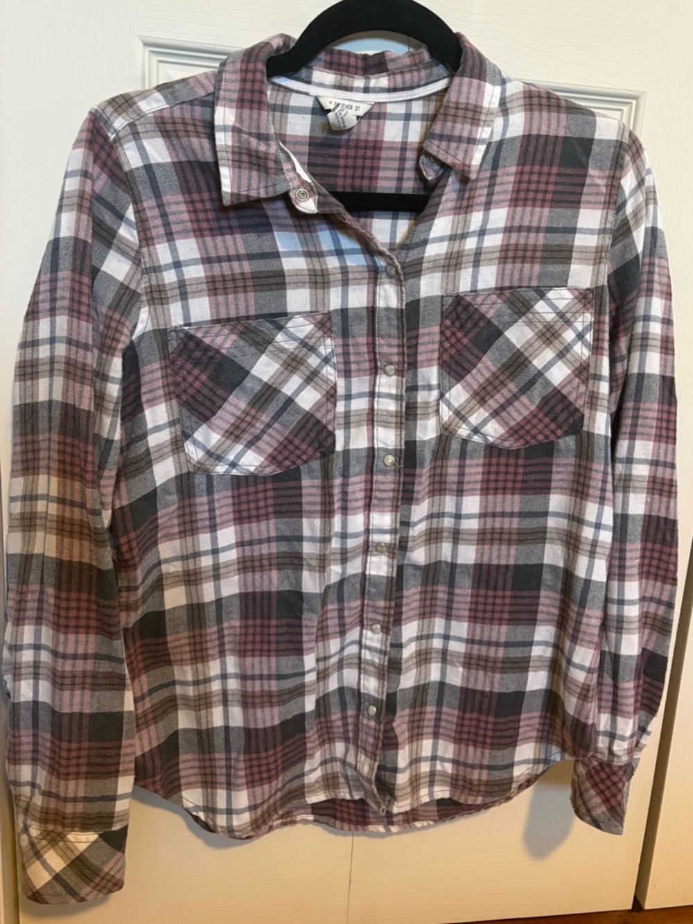 Women’s Plaid Button-Up Shirt - White, Gray & Mauve